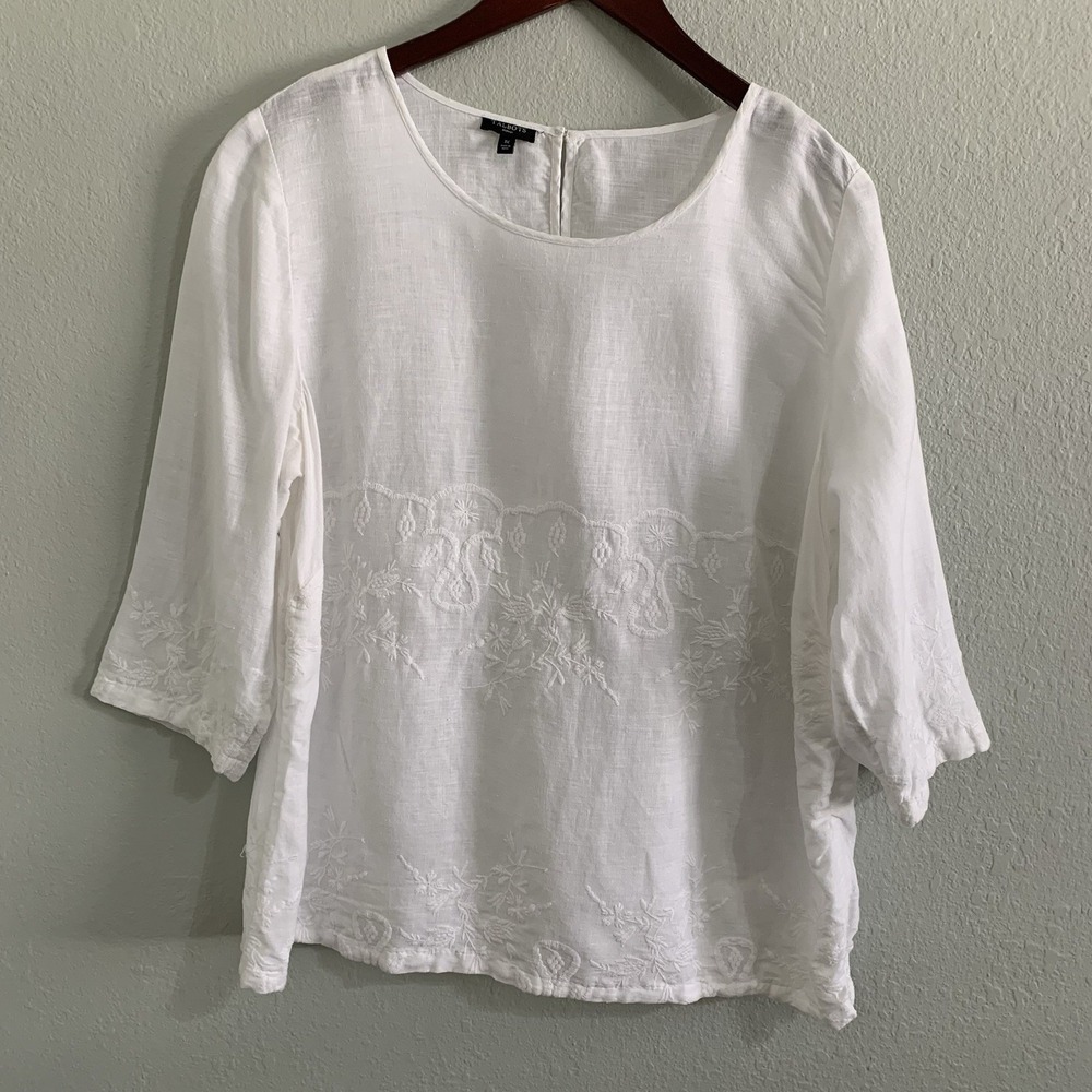 Talbots 1X White Linen Embroidered Blouse Boho Cottagecore Floral 3/4 Sleeve Top - Picture 2 of 11